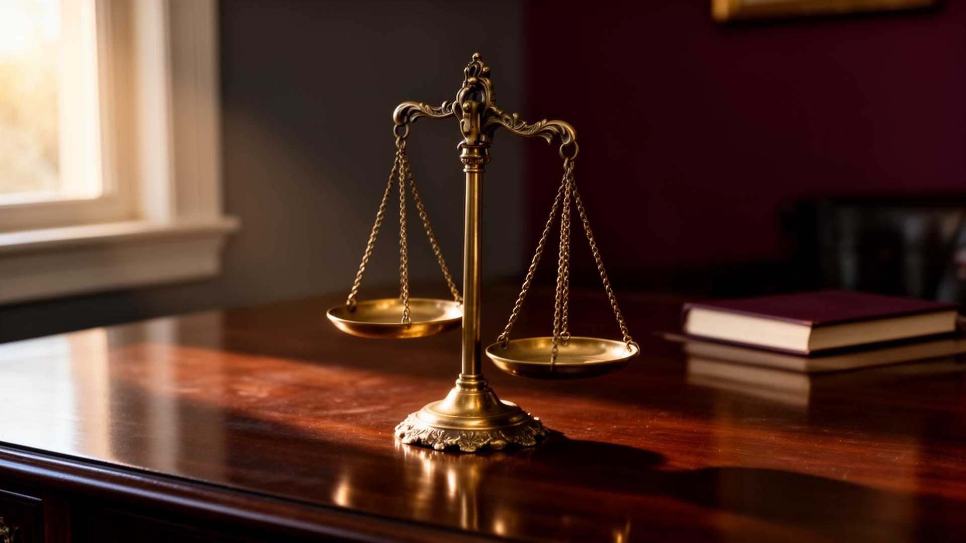 Brass scales of justice on a polished wooden desk