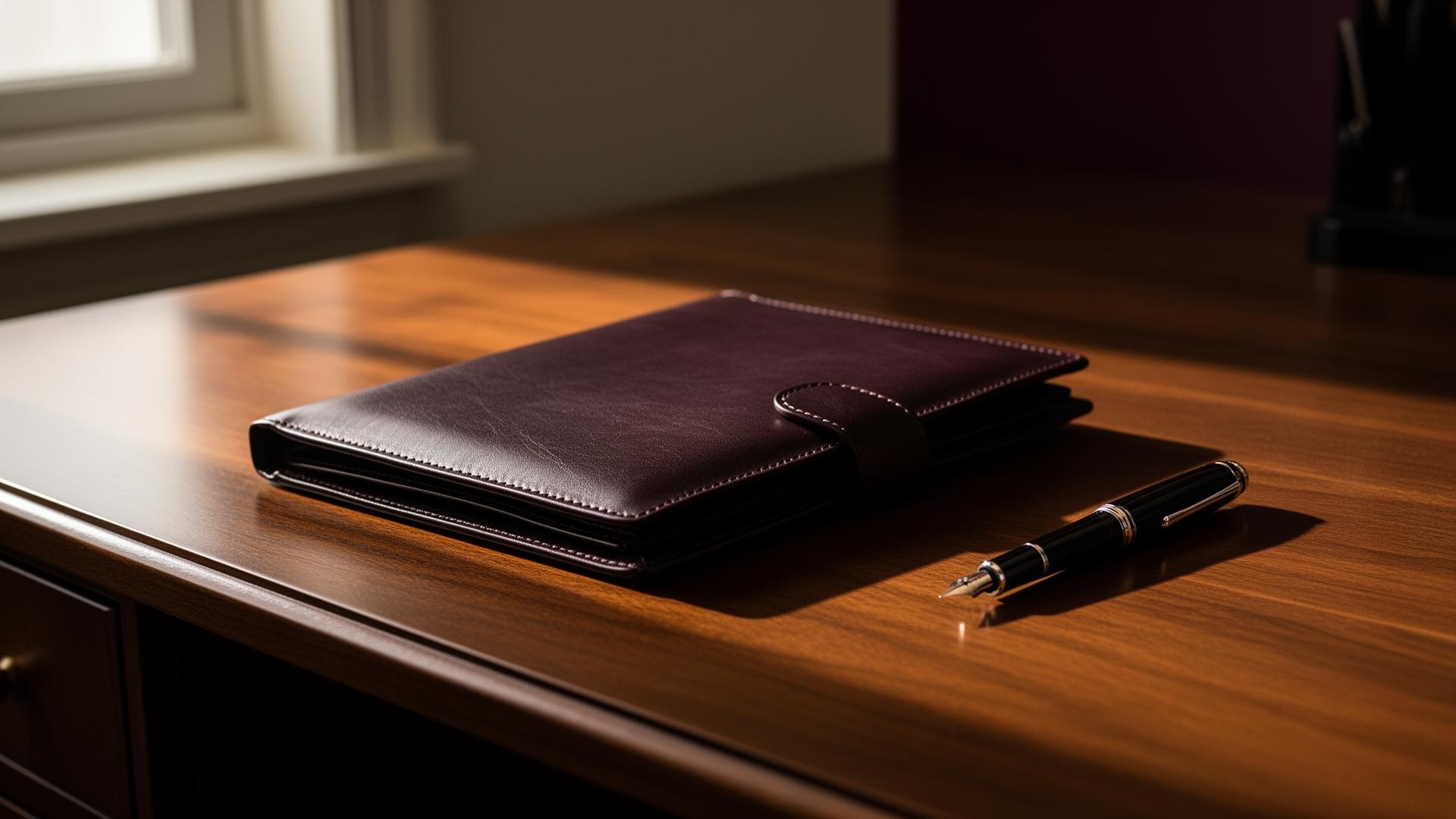 Leather folio and fountain pen on a wooden desk